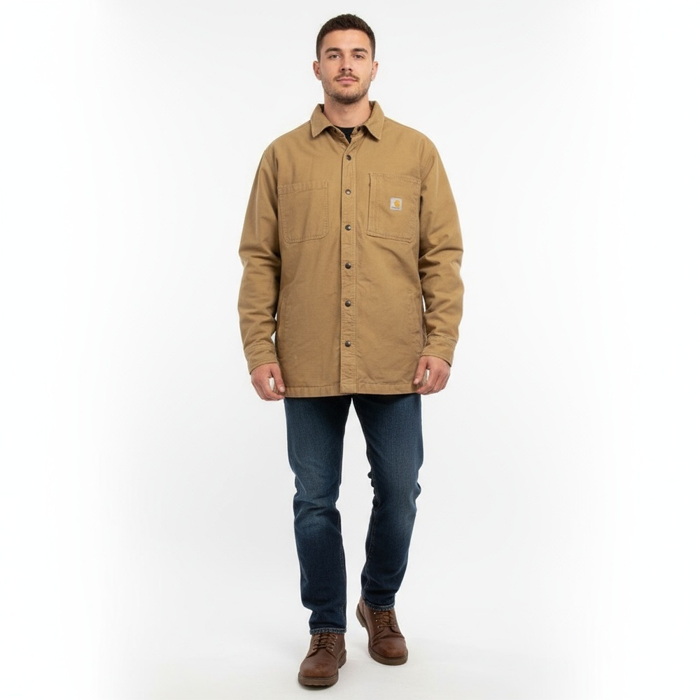 Carhartt Workwear Jacket Tan Brown Canvas Sherpa Lined Shirt Jacket Mens L‎